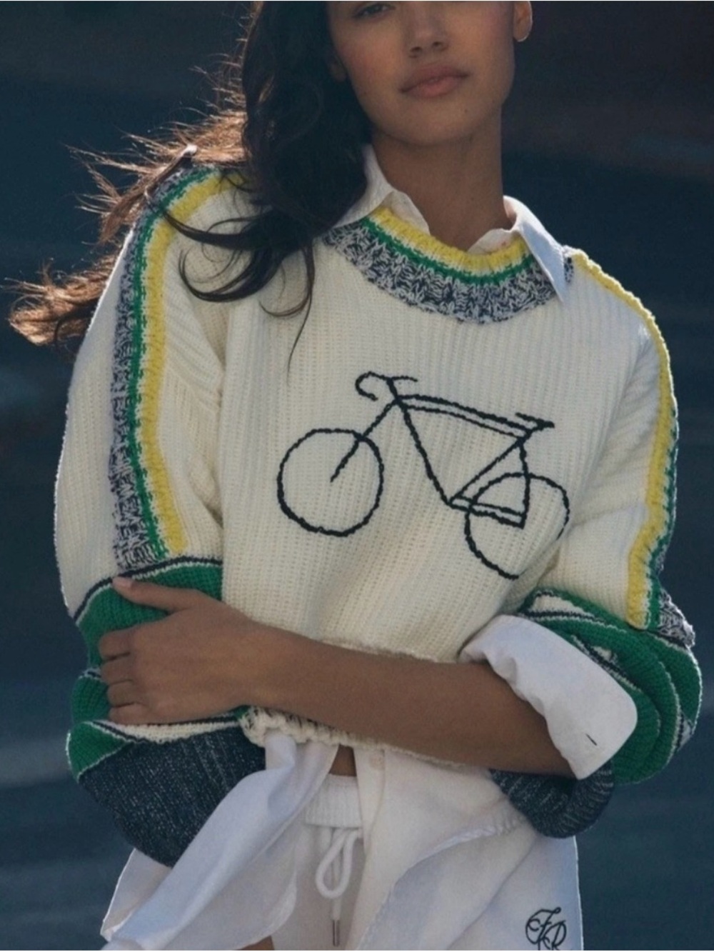 Anthropologie Cream Knit Bicycle Sweater with Green & Yellow Trim xs